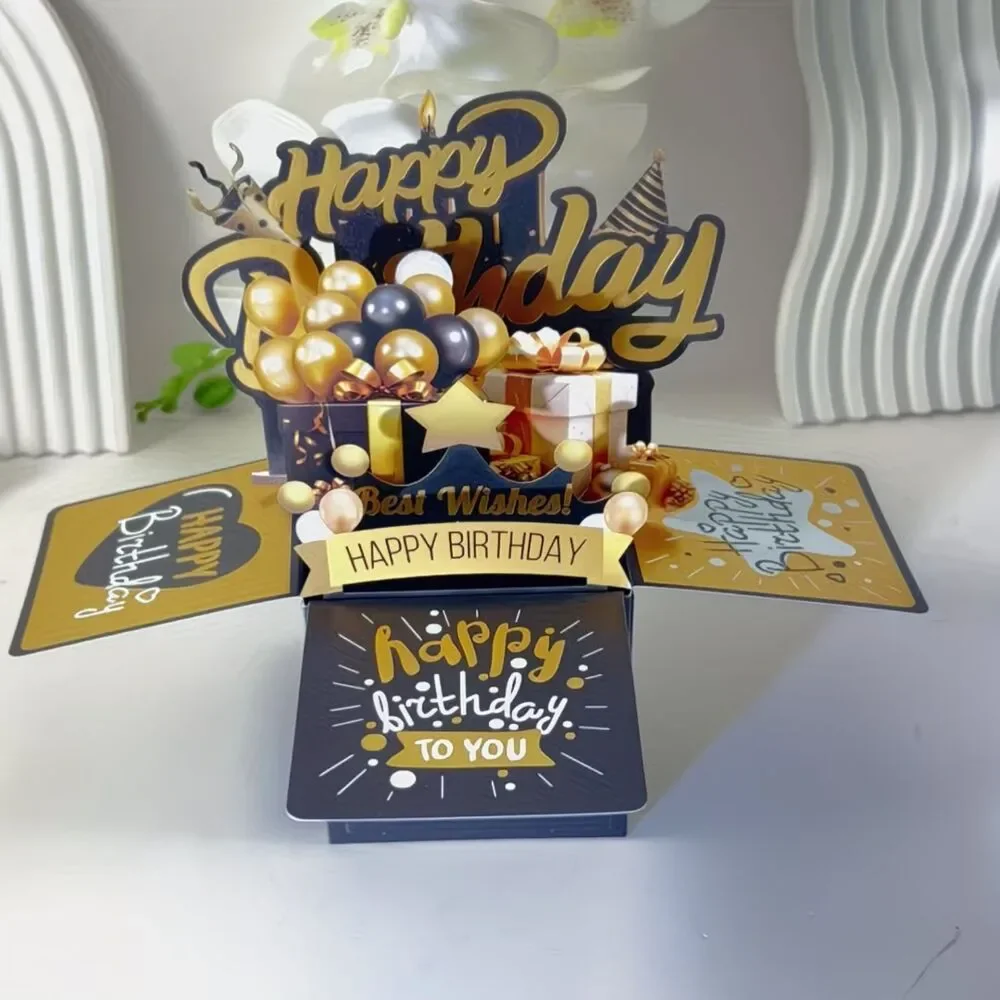 3D Pop-Up Greeting Card Black Gold Balloon Birthday Father Mother Office